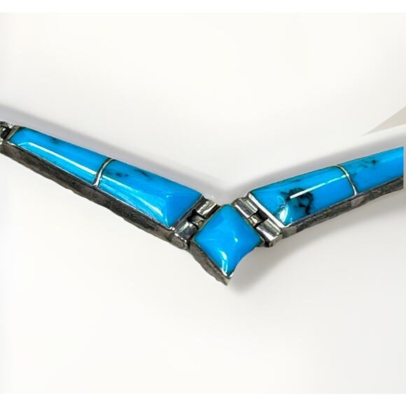 VTG Taxco Sterling Silver 950 Turquoise Inlay Hinged Panel Collar Necklace 22.7g - Picture 8 of 16